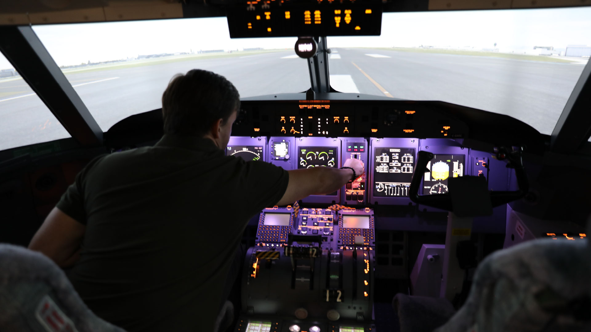 Inside view of Flightdeck Solutions Dahs 8 Q400 flight training device at the British Columbia Institute of Technology, Richmond, BC, Canada.