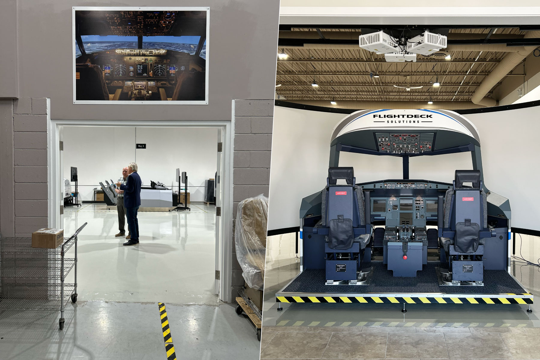 LEFT PHOTO: A view into our new production facility during MP Tony Van Bynen's recent visit. RIGHT PHOTO: New demonstration area featuring an FDS A320 ATD trainer.