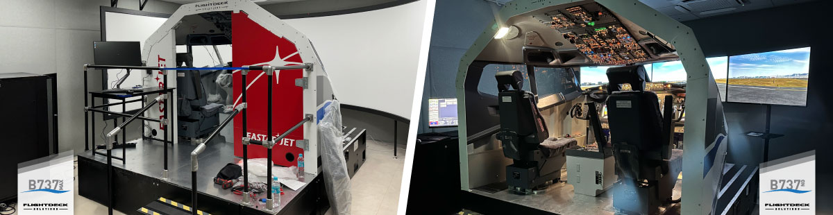Complete view of Eastar Jet's FDS flight training setup featuring B737MAX with wrap-around display system and B737NG with triple LCD configuration for comprehensive pilot training