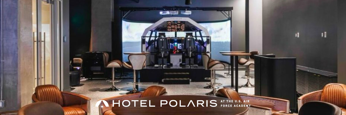 Flightdeck Solutions B737MAX flight simulator installed at Hotel Polaris in Colorado Springs, featuring full cockpit with functioning controls and 200-degree visual system for guest entertainment experiences.