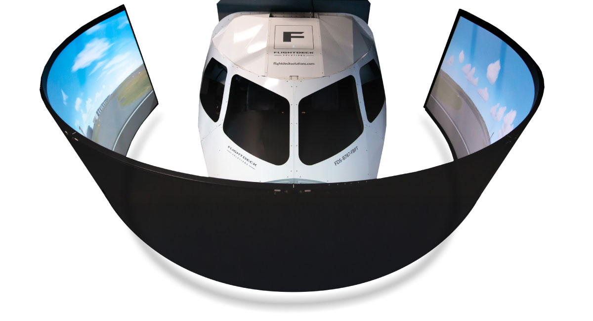 Flightdeck Solutions B787 flight simulator featuring high-fidelity cockpit replication and wrap-around visual system for commercial airline pilot training and type rating preparation.
