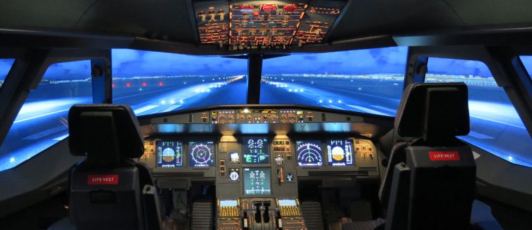 Flight deck of an FDS A320 flight training device at Air Venture Flight Center