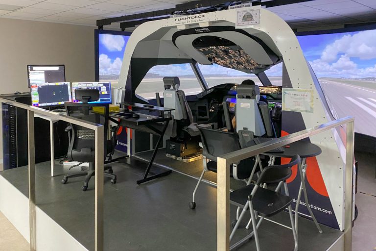FDS B787 flight training device with curved visual screens at Air Premia