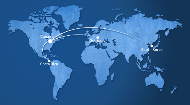 Map showing Flightdeck Solutions headquarters in Canada and sales representation in Costa Rica, Germany and South Korea