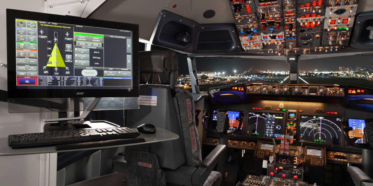 B737 MAX flight deck interior showing overhead panel, primary flight displays, throttle quadrant, and pedestal